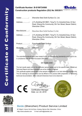 CE Certificate certificate from Shenzhen Best Solid Surface Co., Ltd.