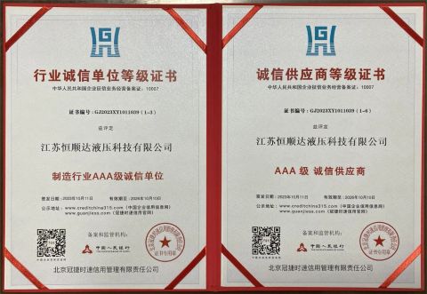 Award certificate from Jiangsu Hengshunda Hydraulic Technology Co., Ltd.