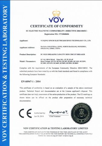 CE Certificate for DC Circuit Breakers certificate of Wenzhou Xinchi International Trade Co., Ltd. – certificate photo, supplier certificates section