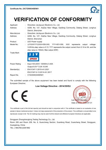 CE 61347 certificate from Shenzhen Jiajiayuan Electronic Co., Ltd.