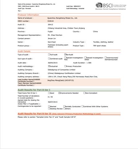 Certificates certificate from FUJIAN JOLLY SPORTS LIMITED