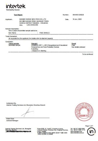 test report certificate from Ningbo Shone Med-Tech Co., Ltd.