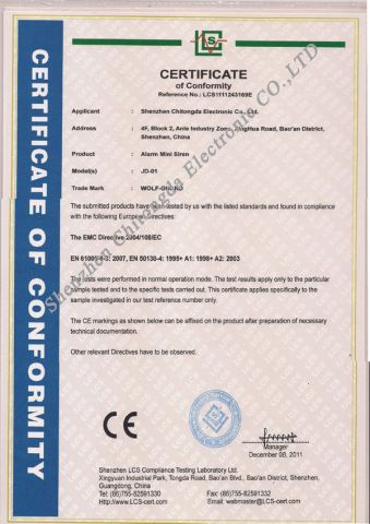 CE Certificate for Alarm Mini Siren in 2012 certificate from Shenzhen Chitongda Electronic Co., Ltd.