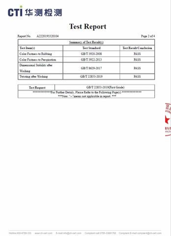 product test report certificate from Xiamen Sunwing Garments Co., Ltd.
