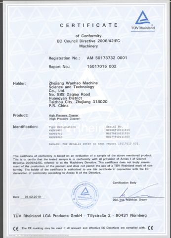 CE Certificate of high pressure washer certificate of Taizhou Artex Machinery Co., Ltd. – certificate photo, supplier certificates section