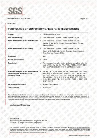 VERIFICATION OF CONFORMITY for SGS RoHS certificate from Suzhou Buswille Intelligent Technology Co., Ltd.