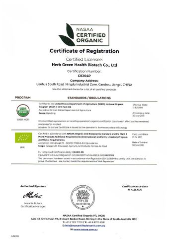 Organic Certificate certificate from Herb Green Health Biotech Co., Ltd.