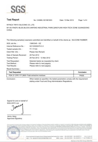 SGS certificate of NanChang Sunflower Silicone Rubber Co. Ltd – certificate photo, supplier certificates section