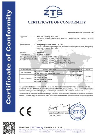 ZTS21092220QCD Mitre Saw_CE_MD_EN IEC 62841-3-9_Cer certificate of AWLOP TRADING CO., LTD. – certificate photo, supplier certificates section