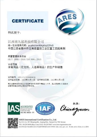ISO certificate from Pantech Sports Co., Ltd.