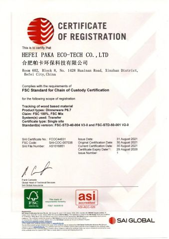 FSC certificate from HEFEI PAKA ECO-TECH CO.,LTD