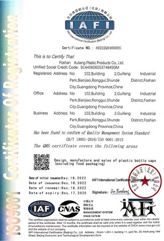 ISO 9001:2015 certificate of Foshan Xuliang Plastic Products Co., Ltd. – certificate photo, supplier certificates section