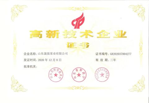 high tech certificate from Shandong Blossom Pump Co., Ltd.