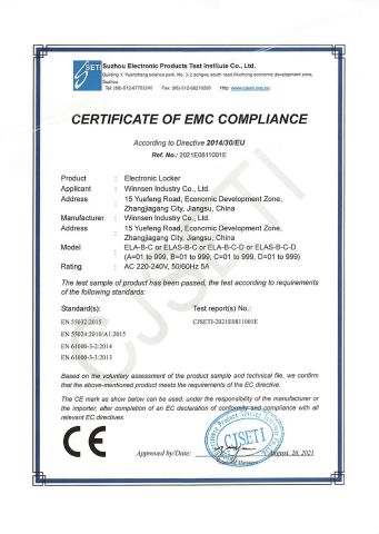 Electronic Locker CE EMC certificate from Winnsen Industry Co., Ltd.