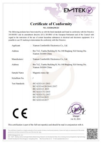 Certificate of Conformity certificate from Xiamen Comfortlife Electronics Co., Ltd.