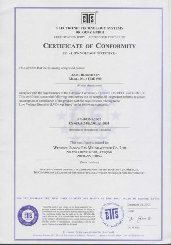 LVD (FJ4E 500) certificate of Wenzhou Jason Fan Manufacturer Co., Ltd. – certificate photo, supplier certificates section