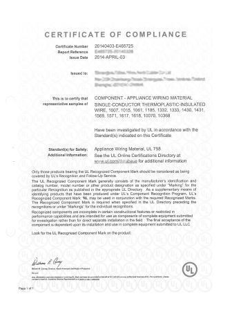 UL certificate from SWAN Wire Engineering