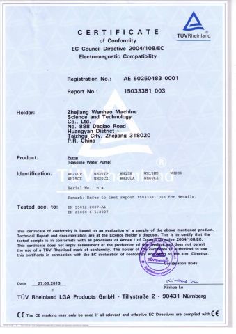 CE certificate of gasoline water pump certificate of Taizhou Artex Machinery Co., Ltd. – certificate photo, supplier certificates section