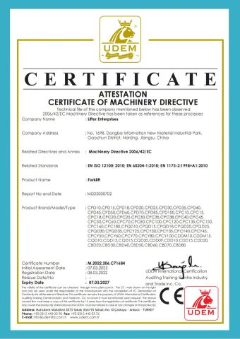 CE certificate of Nanjing Liftor Machinery Co., Ltd. – certificate photo, supplier certificates section