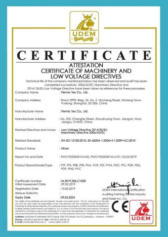 CE for Mixers certificate from PerMix Tec Co., Ltd.