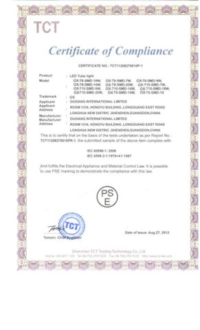 PSE certification certificate from Shenzhen Ouxiang Electronics Co., Ltd.