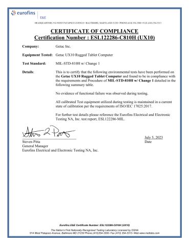 UX10 MIL-STD-810H certificate from Beijing Jianianhuaye Technology Co., Ltd