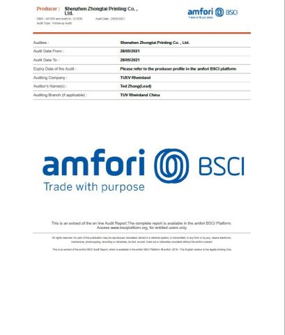 BSCI certificate from Shenzhen Zhongtai Printing Co., Ltd.