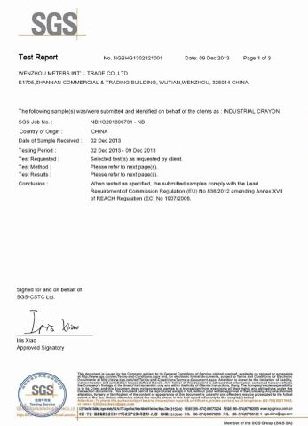 SGS Test Report for Lumber Crayon-1 certificate from Wenzhou Meters Int'l Trade Co., Ltd.