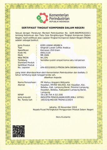 Mr. Zian Coffe - STKDN Arabika Luwak certificate of PT. Najah Sejahtera Production – certificate photo, supplier certificates section