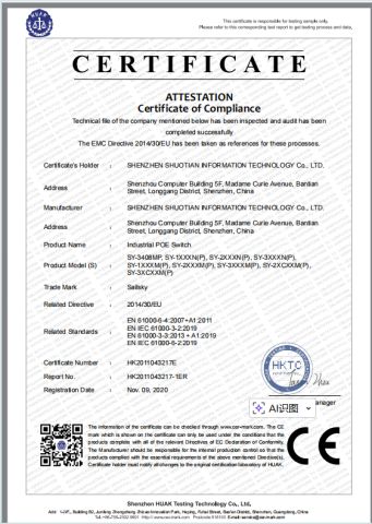Industrial Switch EMC Certification certificate from Shenzhen Shuotian Information Technology Co., Ltd.
