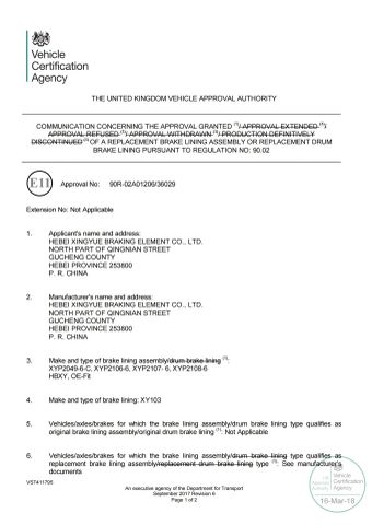 E Mark ECE R90 certificate from Qingdao Powertech Auto Parts Co., Ltd.