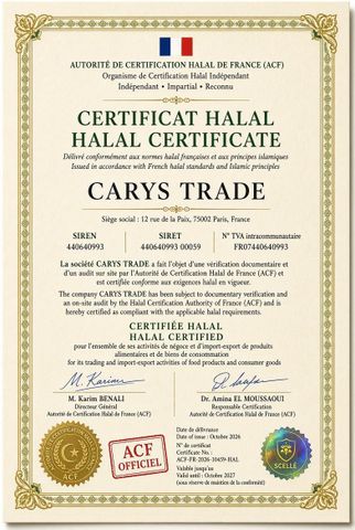 HALAL certificate of Eurl Carys Trade – certificate photo, supplier certificates section