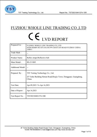 Reflex straps/Reflective belt certificate from Fuzhou Whole Line Trading Co., Ltd.