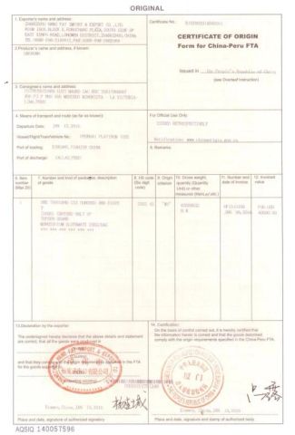 Certificate Of Origin Form For China-Peru FTA certificate from Zhangzhou Hang Fat Import & Export Co., Ltd.