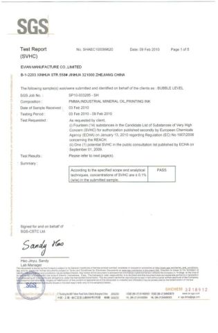 SVHC1 certificate from Evian Manufacture Co., Limited