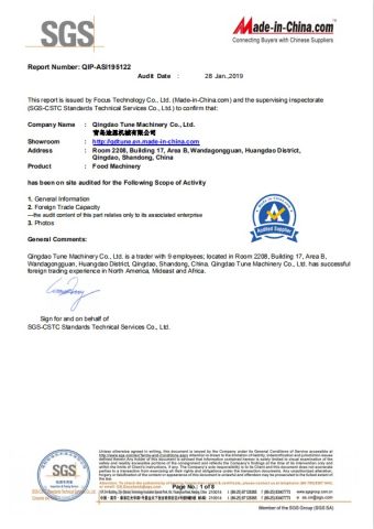 SGS certificate from Qingdao Tune Machinery Co., Ltd.