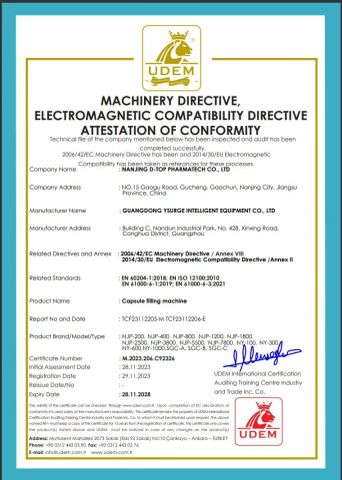 Capsule Filling Machine certificate from Nanjing D-Top Pharmatech Co., Ltd.