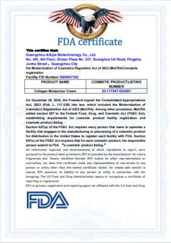 FAD certificate from Guangzhou Aifujia Biotechnology Co., Ltd.