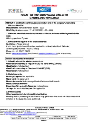 Iron Oxide Yellow MSDS certificate of Shenzhen Huazhong Sun May Technology Co., Ltd – certificate photo, supplier certificates section