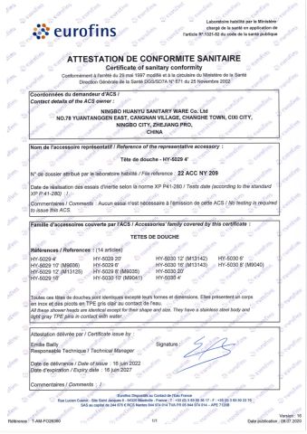 ACS certificate certificate from Ningbo Huanyu Sanitary Ware Co., Ltd.
