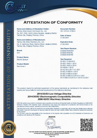 CE certificate from Taizhou City Order Machinery Co., Ltd.