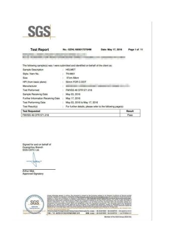 Helmet SGS certificate from Qingdao Shing Auto Parts Co., Ltd.