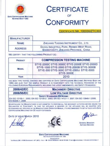 CEof Compression Testing Machine certificate from Zhejiang Tugong Instrument Co., Ltd.