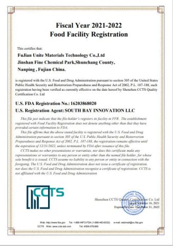 FDA certificate from Fujian Unite International Co., Ltd.
