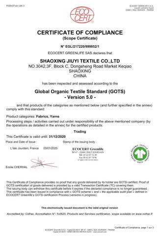 GOTS for cotton certificate from Beijing Haoai Electronic Technology Co., Ltd.