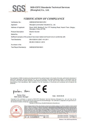S3 CE Verification of EMC Compliance certificate of Shanghai Lannmarker Industrial Co., Ltd. – certificate photo, supplier certificates section