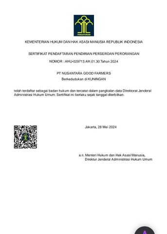 Company Legality  certificate of PT.Nusantara Good Farmers – certificate photo, supplier certificates section