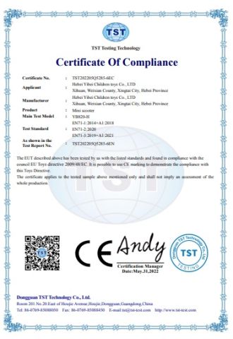 scooter certificate from Kunshan Longlide Import and Export Co., Ltd.