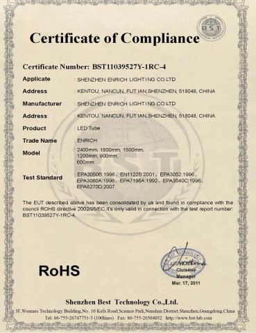 RoHS-LED tube certificate from Shenzhen Enrich Lighting Co., Ltd.