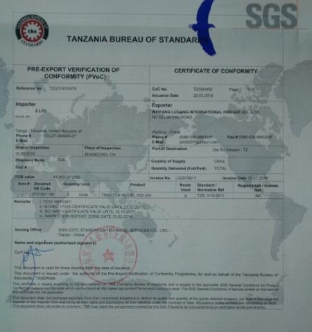 PVOC-COC certificate of Tractor certificate from Weifang Yourchance Machinery Co., Ltd.